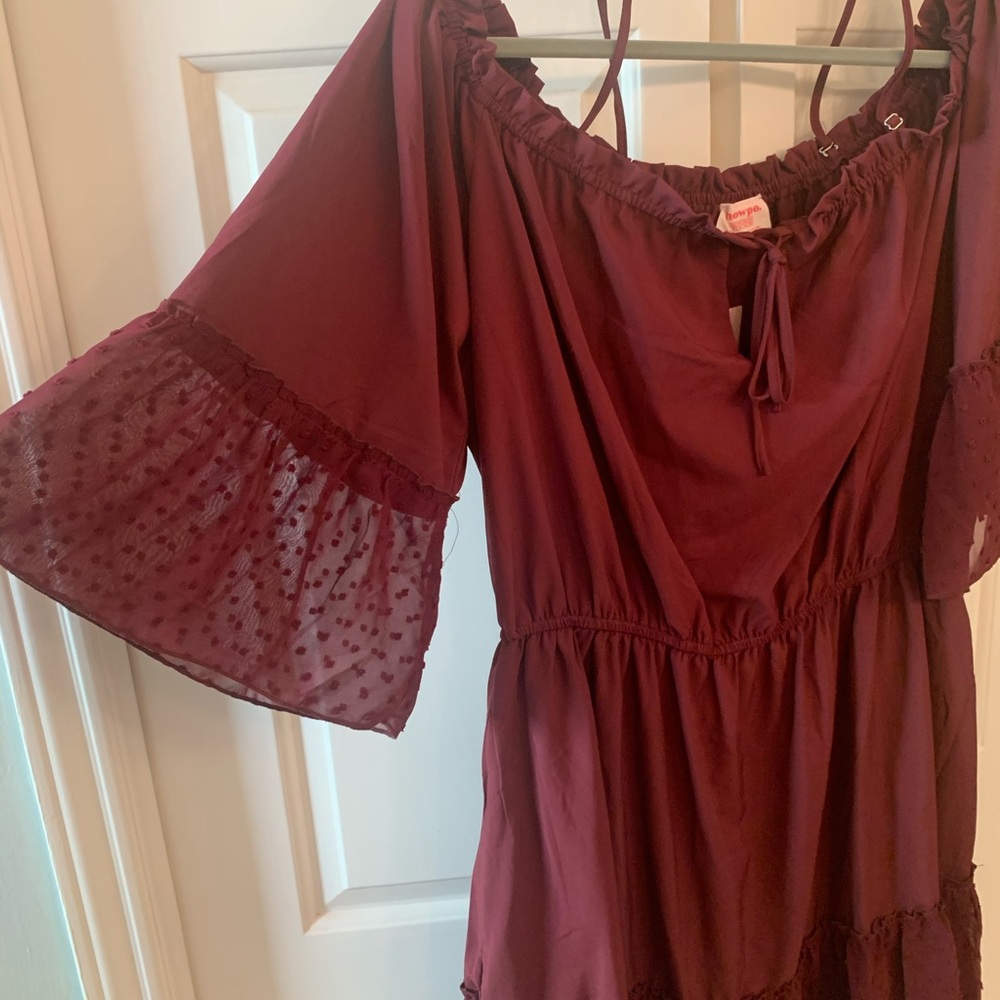 Showpo Burgundy Strapless Off-Shoulder Ruffle Tiered Mini Dress